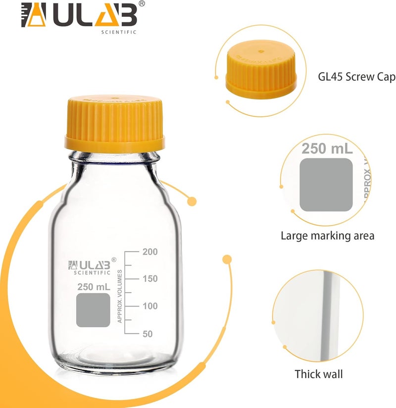 ULAB Round Media Storage Bottle, Vol.250ml(8.5oz) 3.3 Borosilicate Glass Storage Bottles with GL45 Screw Cap, Pack of 6, URB1036 - Image 5